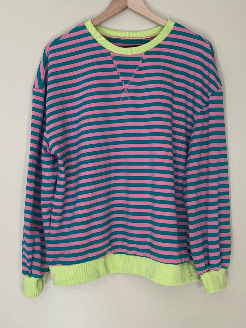 Oversized Striped Crewneck Sweatshirt Pullover Pink Teal Neon Green Trim Small